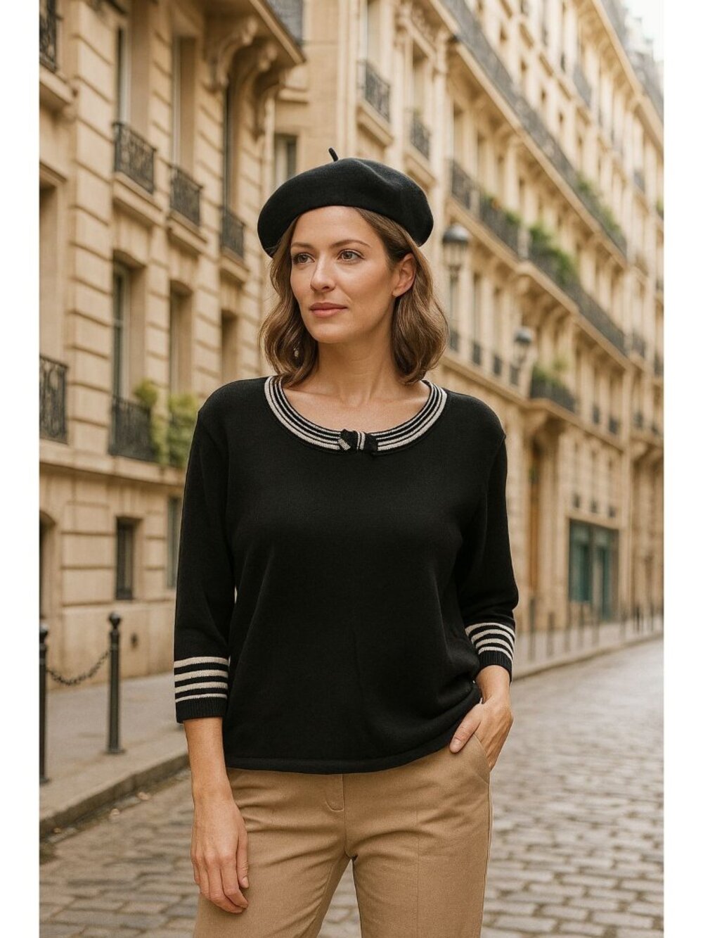 Norton McNaughton Sweater L Black Striped Trim Bow Accent 3/4 Sleeve Retro